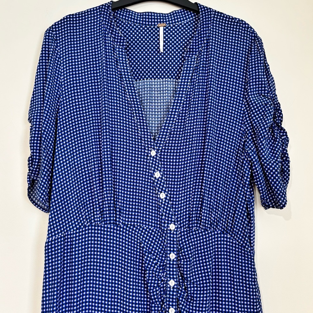 Free People boho rippa ruffle sleeve button up V-nek blue white gingham dress XL - Picture 7 of 16